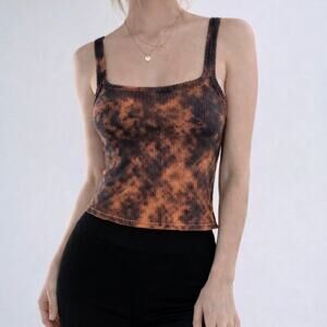 Women’s Brown Tie Dye Square Neck Fitted Stretch Camisole Ribbed Tank Top XS